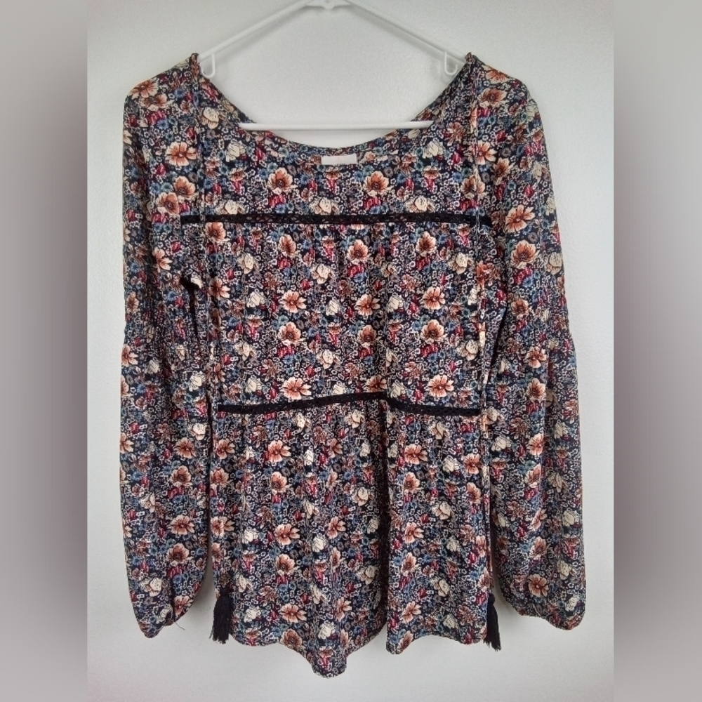 Knox Rose Floral Embroidered Peasant Shirt Top Womens XS Tassel Tie Back Boho